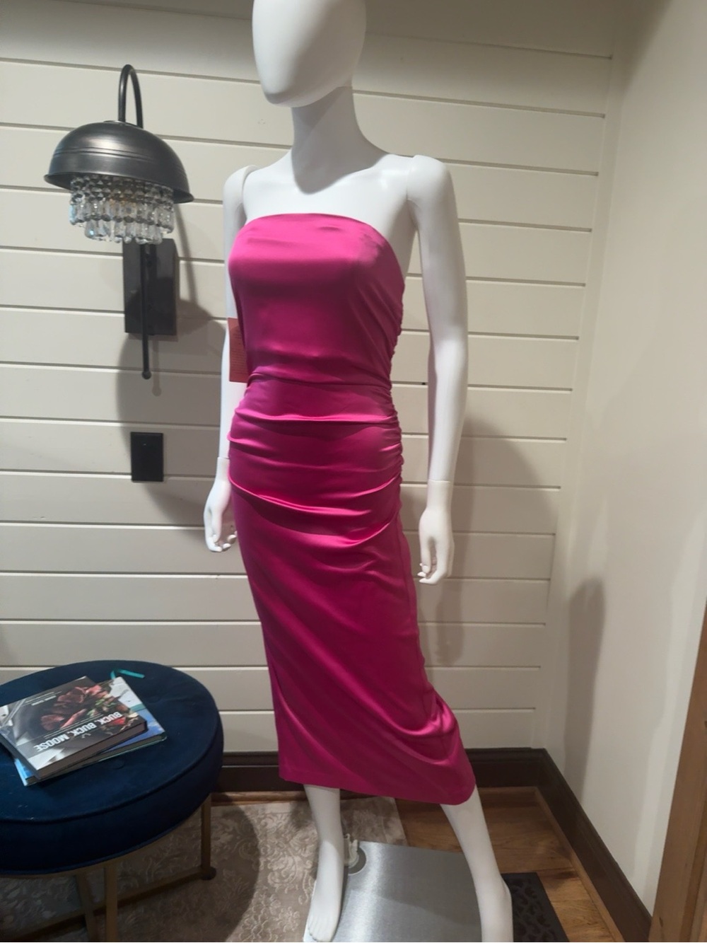 BHLDN Strapless Satin Midi Dress in Fuchsia